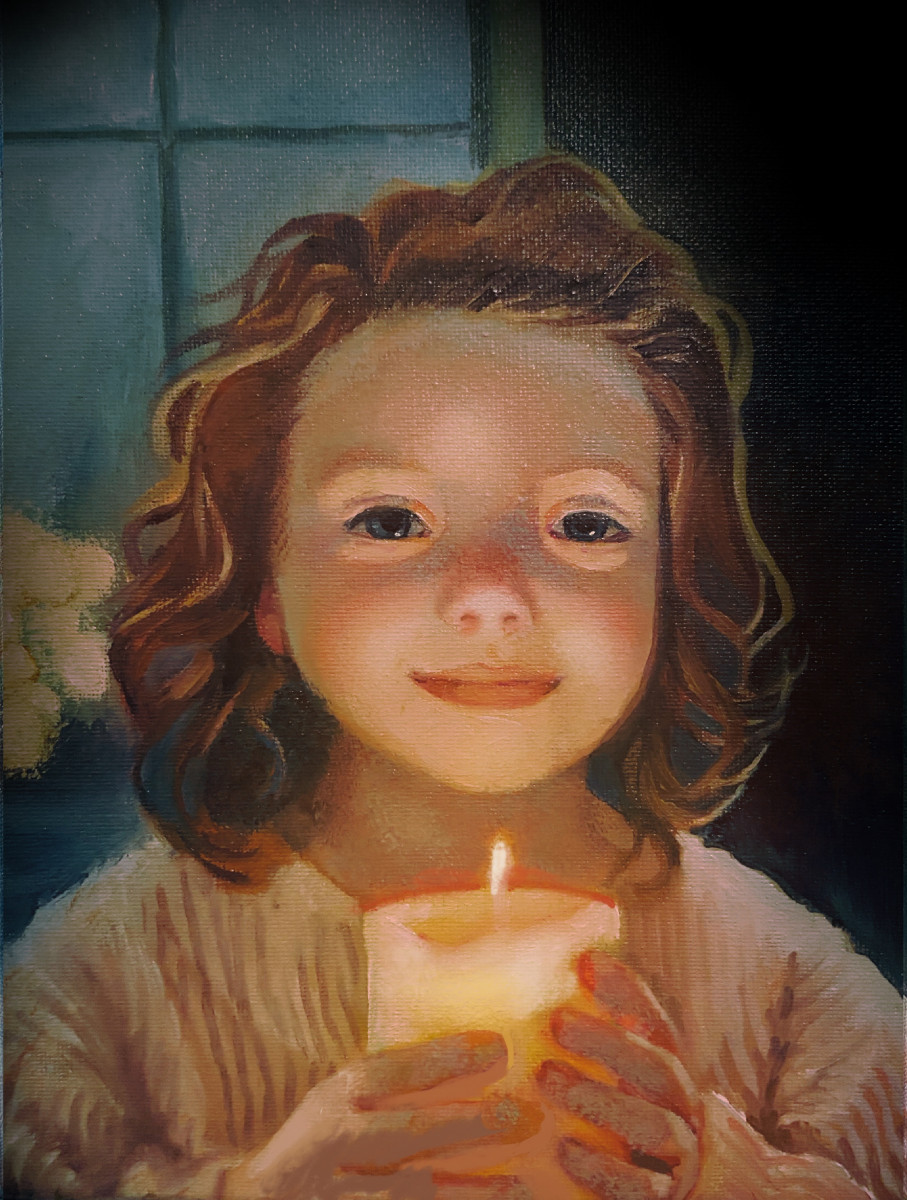 girl holds candle oil portrait