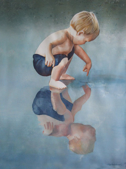 watercolor boy touches reflection