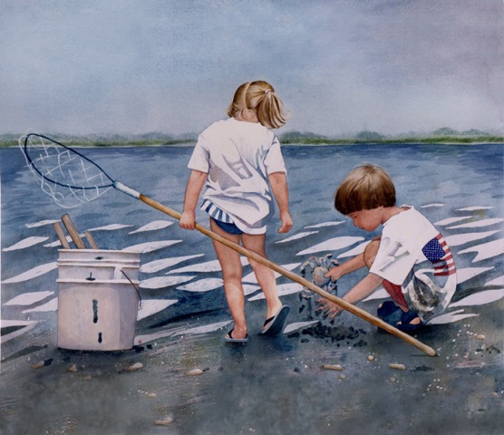 watercolor kids crabbing