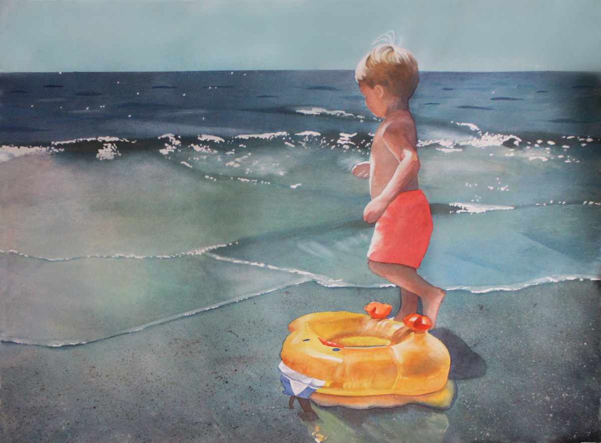 watercolor boy in bright sun at beach
